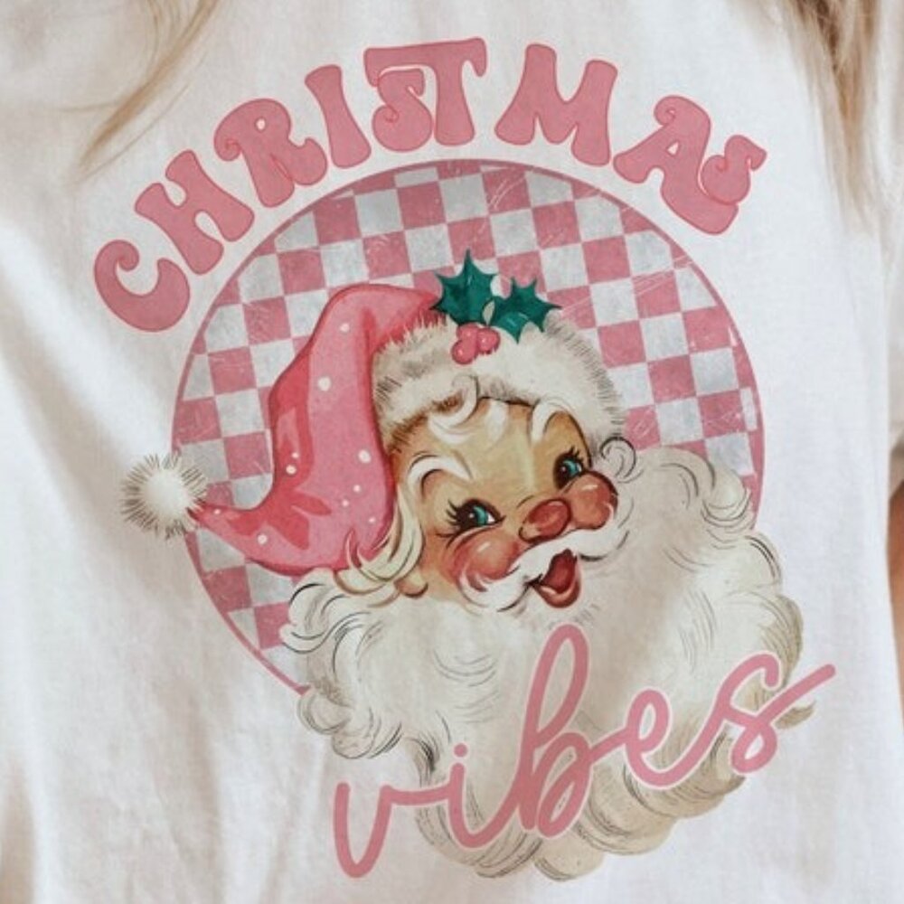Pink Santa Christmas Vibes T-Shirt, Women’s Christmas T-Shirt - Picture 2 of 5
